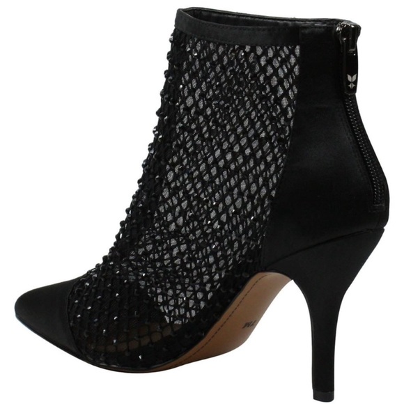 J.Renne Sosian Black Mesh Fishnet Rhinestone Pointed Toe Stiletto Boots Size 8.5 - Picture 1 of 5